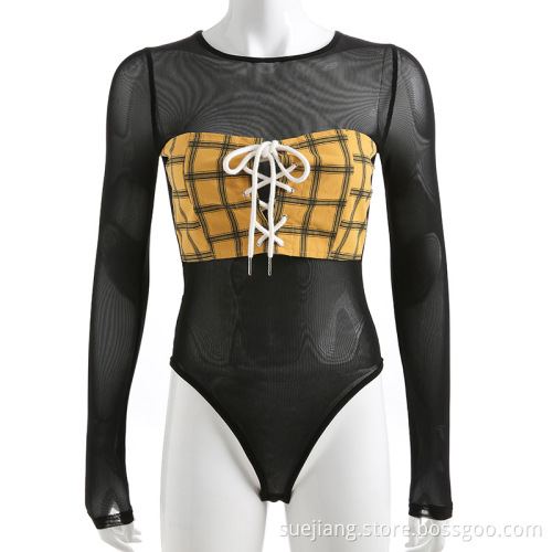 Bandage Tie Up Long Sleeve Slim Body Suits
